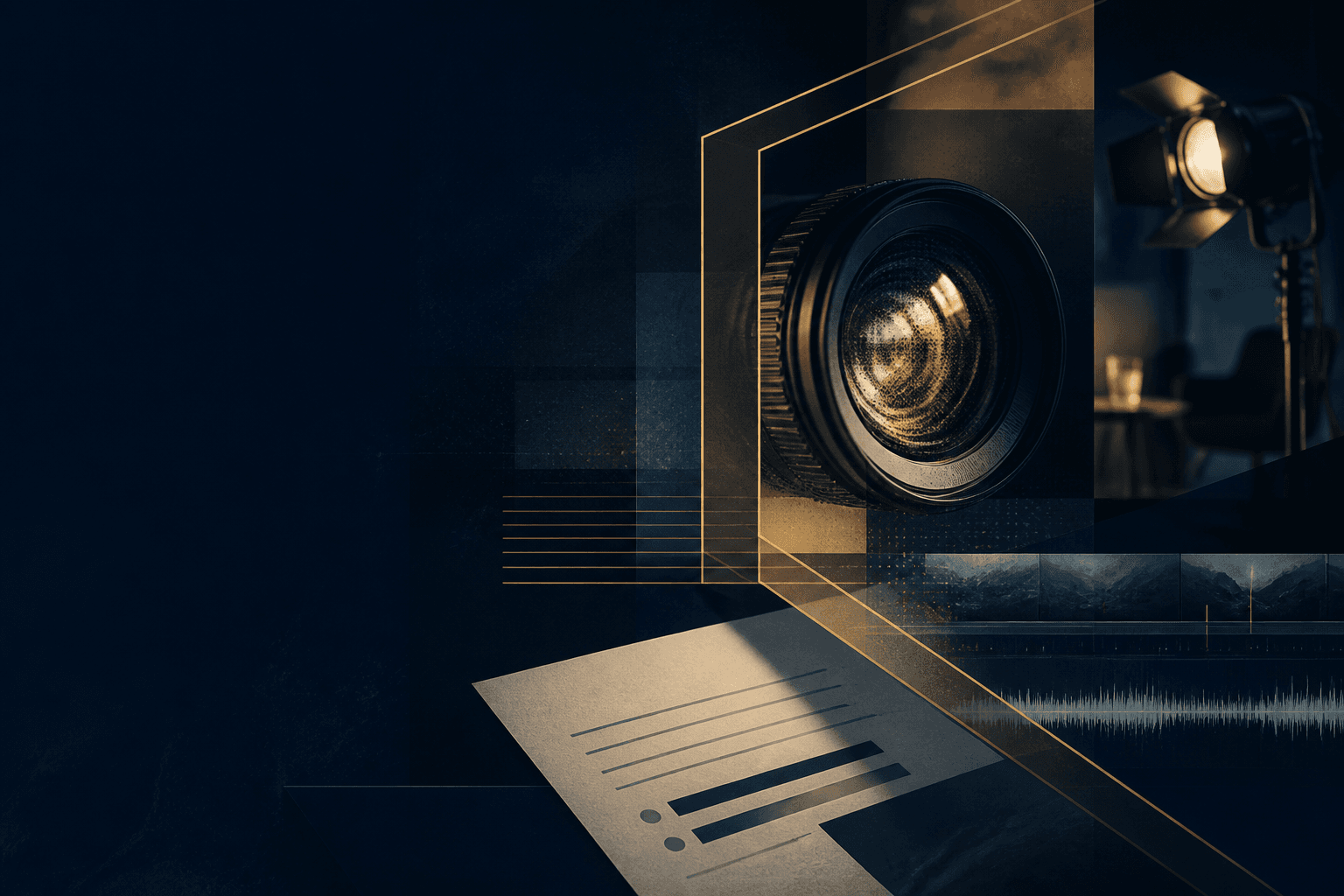 Abstract editorial composition with a camera lens, lighting and an audio waveform