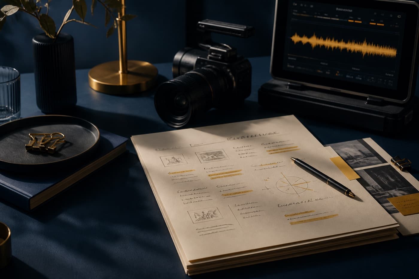 Illustrative overhead view of a marked-up brief beside a camera and audio monitor