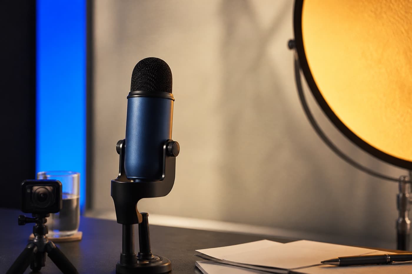 Illustrative live capture setup with microphone, small camera and studio light