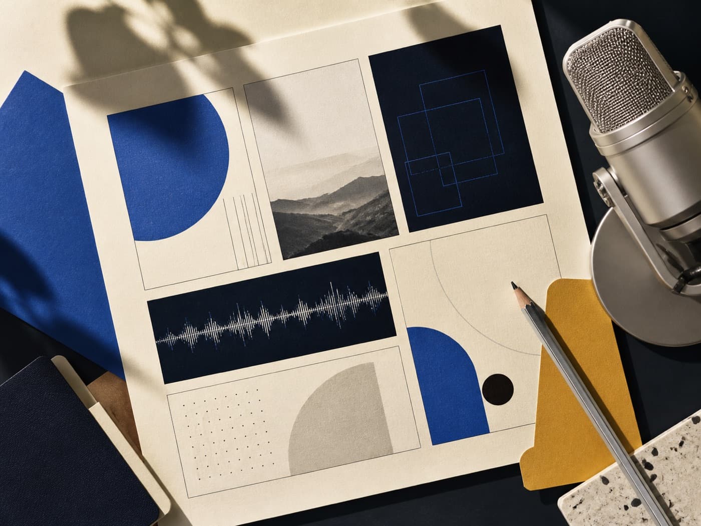 Illustrative storyboard board with abstract image, waveform and geometric layout studies
